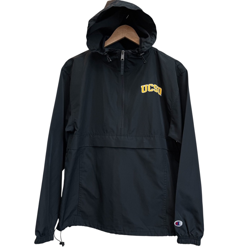 Champion UCSD Windbreaker Jacket Womens XS Black Half Zip‎ Packable Hoodie 
#423